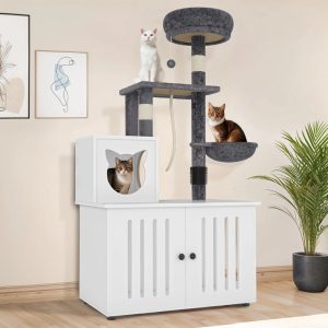 Uforic Cat Tree with Litter Box Enclosure,  2-in-1 Modern Cat Tower Combo,  53.5" Hidden Litter Box Furniture,  White