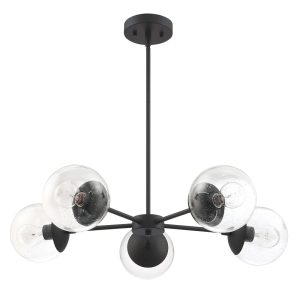 Matte Black 5-Light Chandelier, Clear Seedy Glass Globe Shades, Dimmable, Sloped Ceiling Compatible