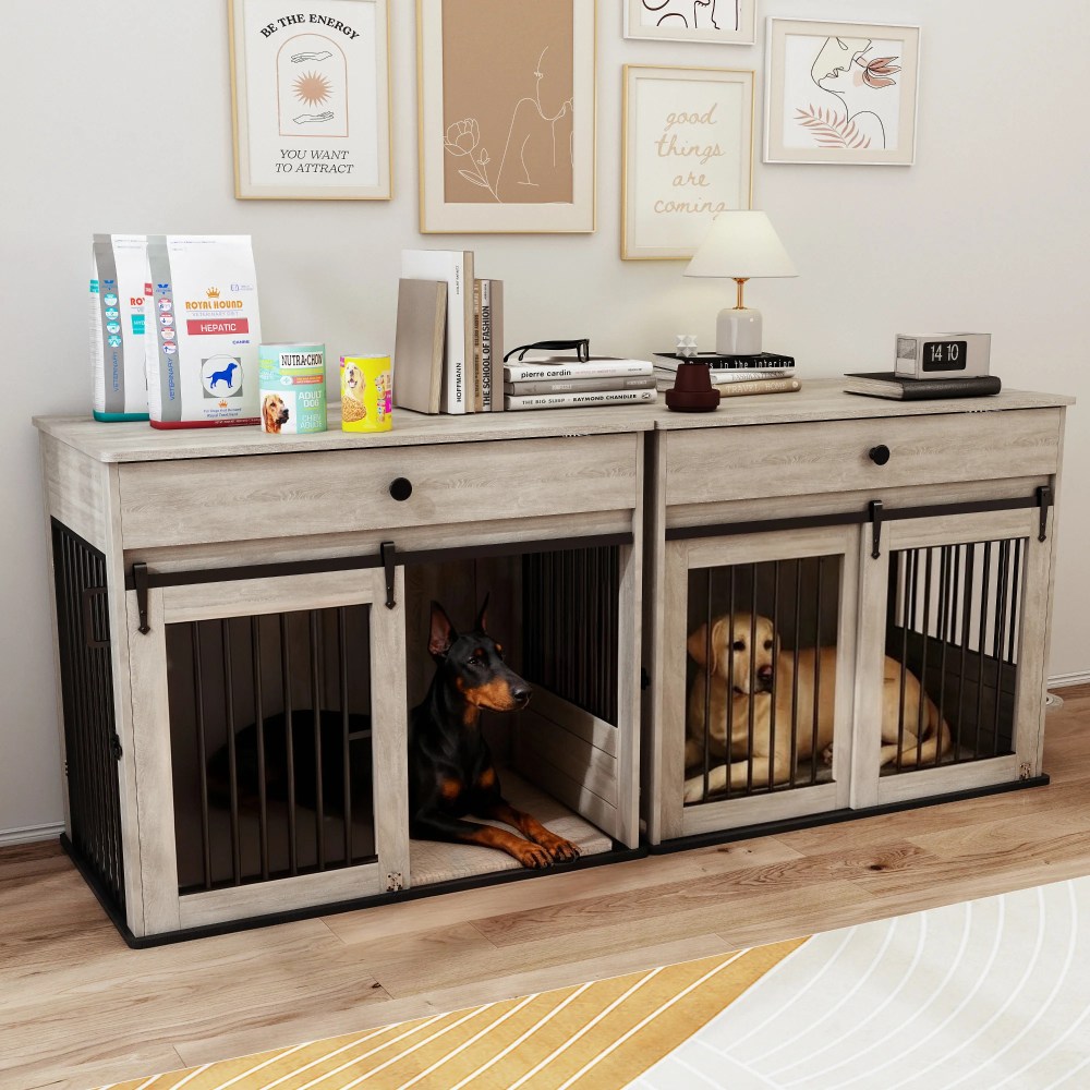WHIFEA Modern Wooden Dog Crate Furniture with Sliding Barn Door & Side Access, Rotating Feeder Kennel for Medium-Large Dogs, Farmhouse Style, Grey - Image 2