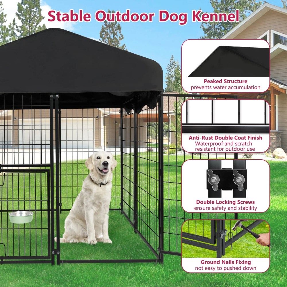 Jhsomdr Outdoor Dog Kennel 4.2ft x 4ft x 4.5ft Welded Wire Large Dog Kennel Dog Cage for Medium/Small Dogs, Heavy Duty Dog Crate with Rotating Feeding Door & UV-Resistant Cover - Image 2
