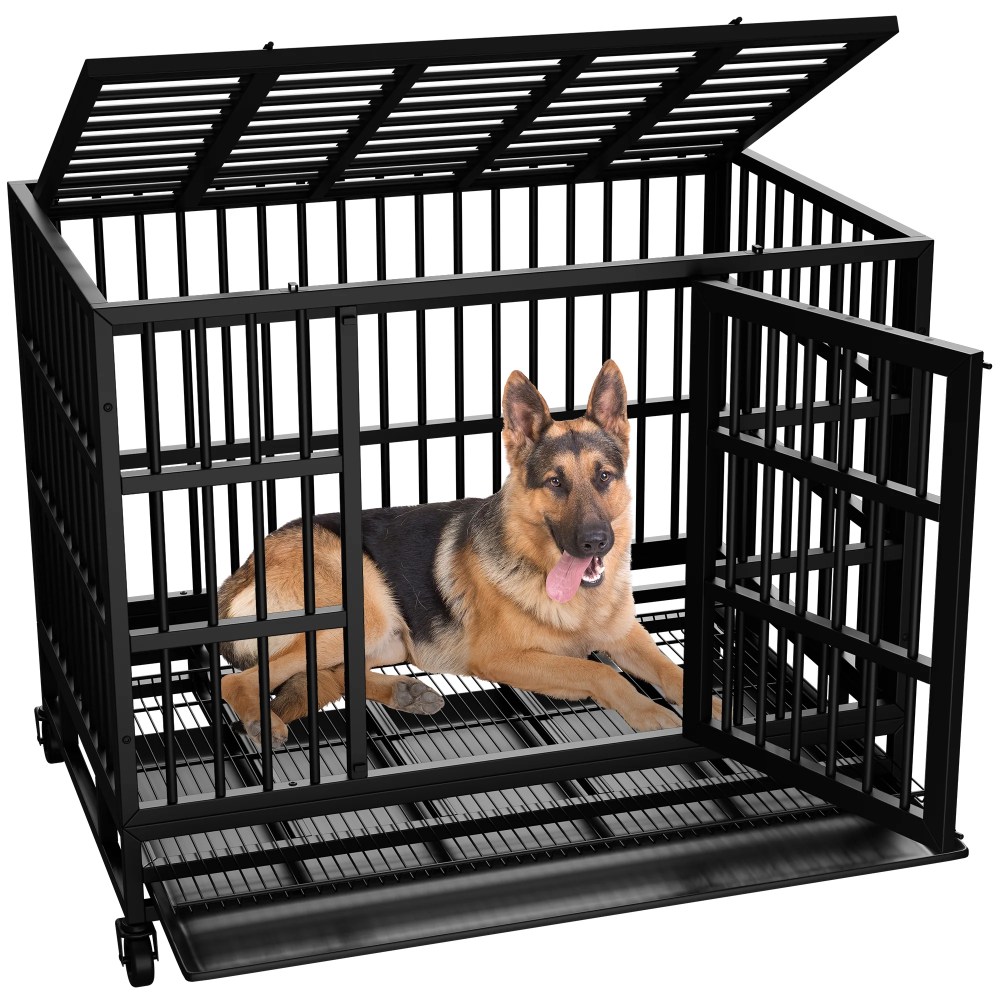 48" Heavy Duty Stainless Steel Dog Cage with Double Doors Divider Panel & Removable Tray for Indoor Outdoor Black - Image 4