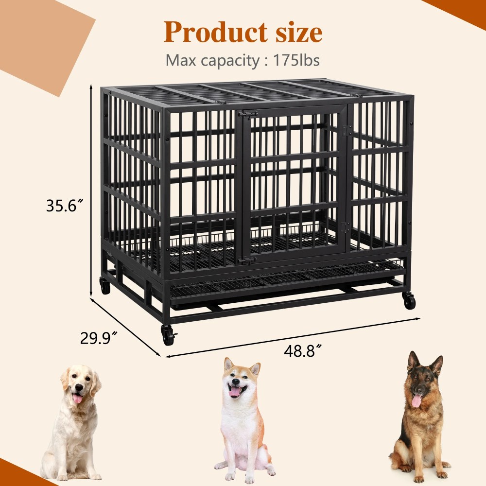 48" Heavy Duty Stainless Steel Dog Cage with Double Doors Divider Panel & Removable Tray for Indoor Outdoor Black - Image 8
