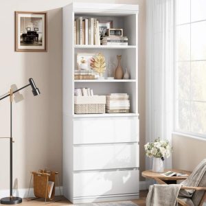 Yeshouse Tall Farmhouse Bookcase with Drawers,Deep Wooden Bookshelf Storage Cabinet Organizer for Living Room,Study,Kitchen,or Home Office