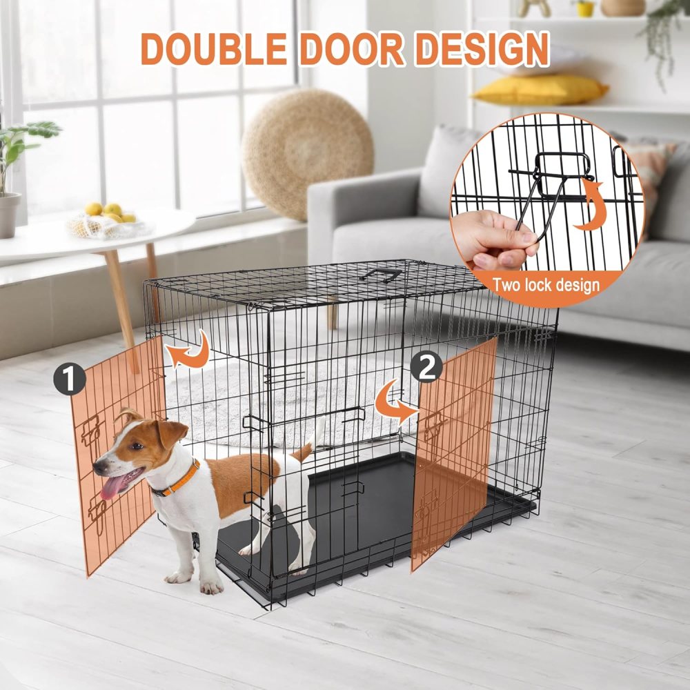 42 inch Dog Crate for Medium Large Dogs Folding Metal Dog Cage Kennel Double Door Pet Crate with Divider and Tray, Black - Image 4
