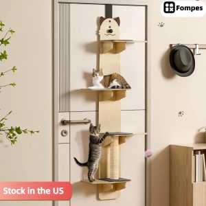 Fompes Door Hanging Cat Shelf,  67 Inch Over The Door Cat Tree,  4 Levels of Jumpable Platforms with Kitten Scratching Post & Tease Bell Ball for Kittens Jumping & Playing