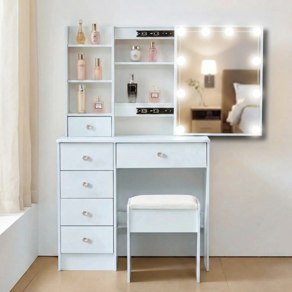 Yamissi Modern Makeup Vanity w/ Lights,Vanity Desk Set with Sliding Mirror & Stool,6 Drawers Dressing Table for Girls,White