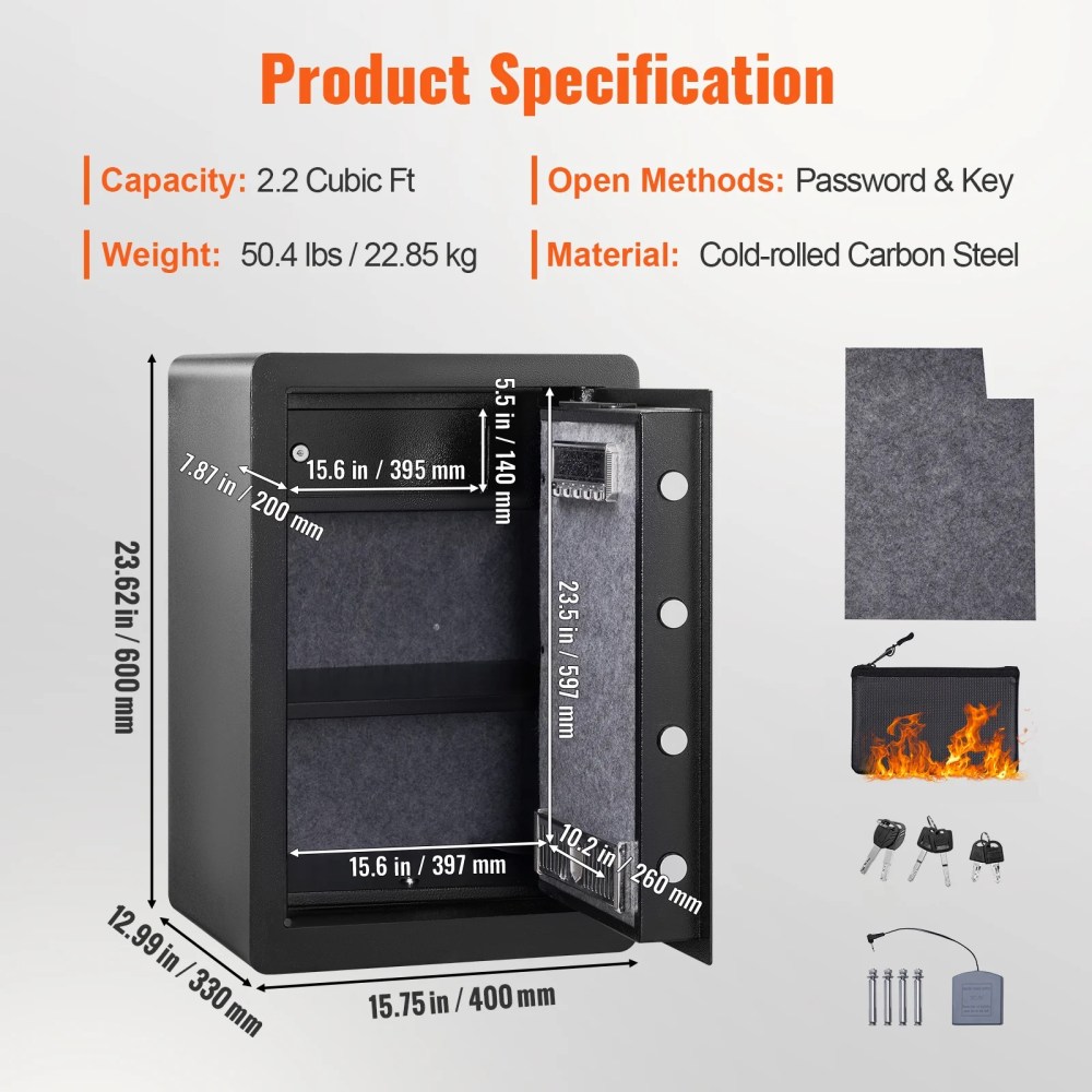 VEVOR Security Safe Box 2.2 Cubic Feet Fingerprint Digital Keypad Lock Box Safe Fingerprint Safe Box with Inner LED Light Fire Resistant Home Safe Steel for Cash Gold 15.75x13x23.6 inch - Image 8