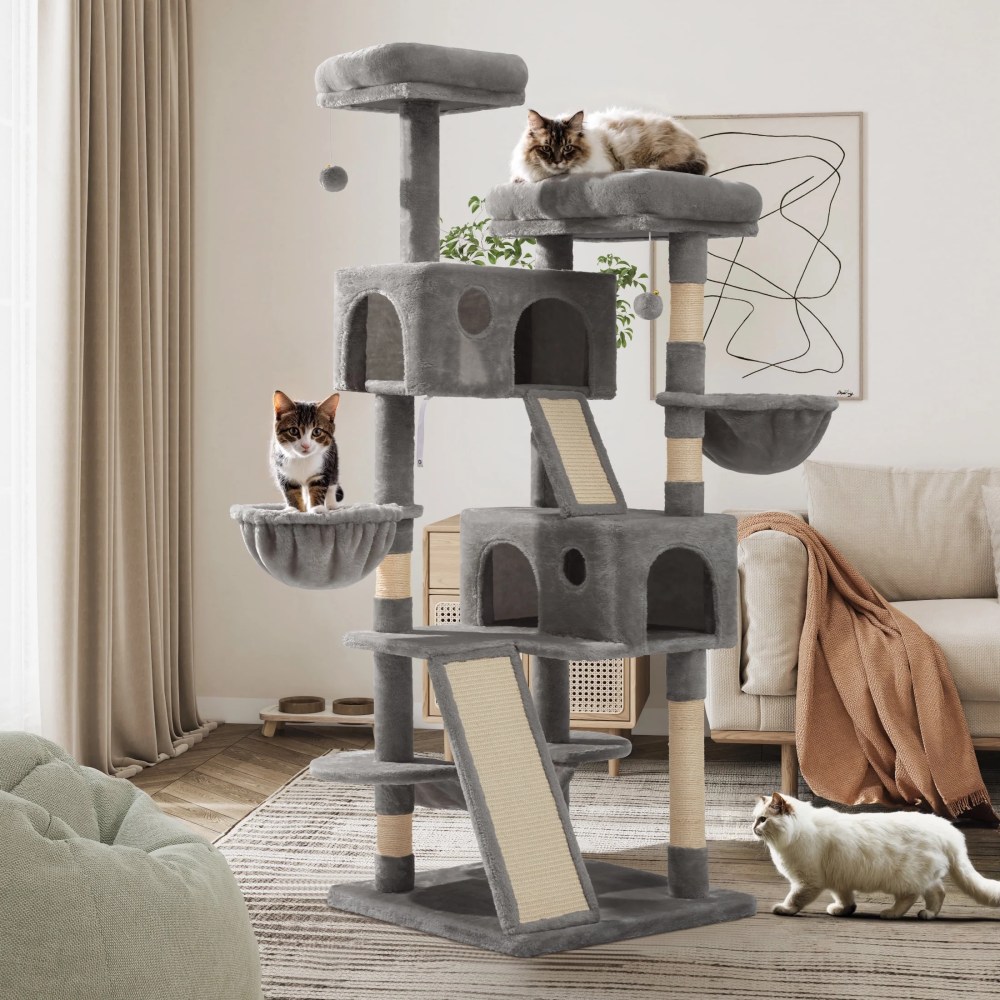 Sifurni 65.7" Large Cat Tree Tower Condo House for Cats with 2 Scratching Ramps, Hammock & Posts, Gray - Image 4