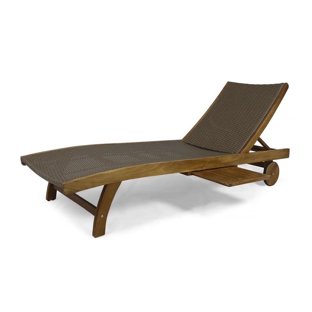 Emmanuel Outdoor Wicker and Wood Chaise Lounge with Pull-Out Tray, Set of 2, Brown, Teak - Image 5