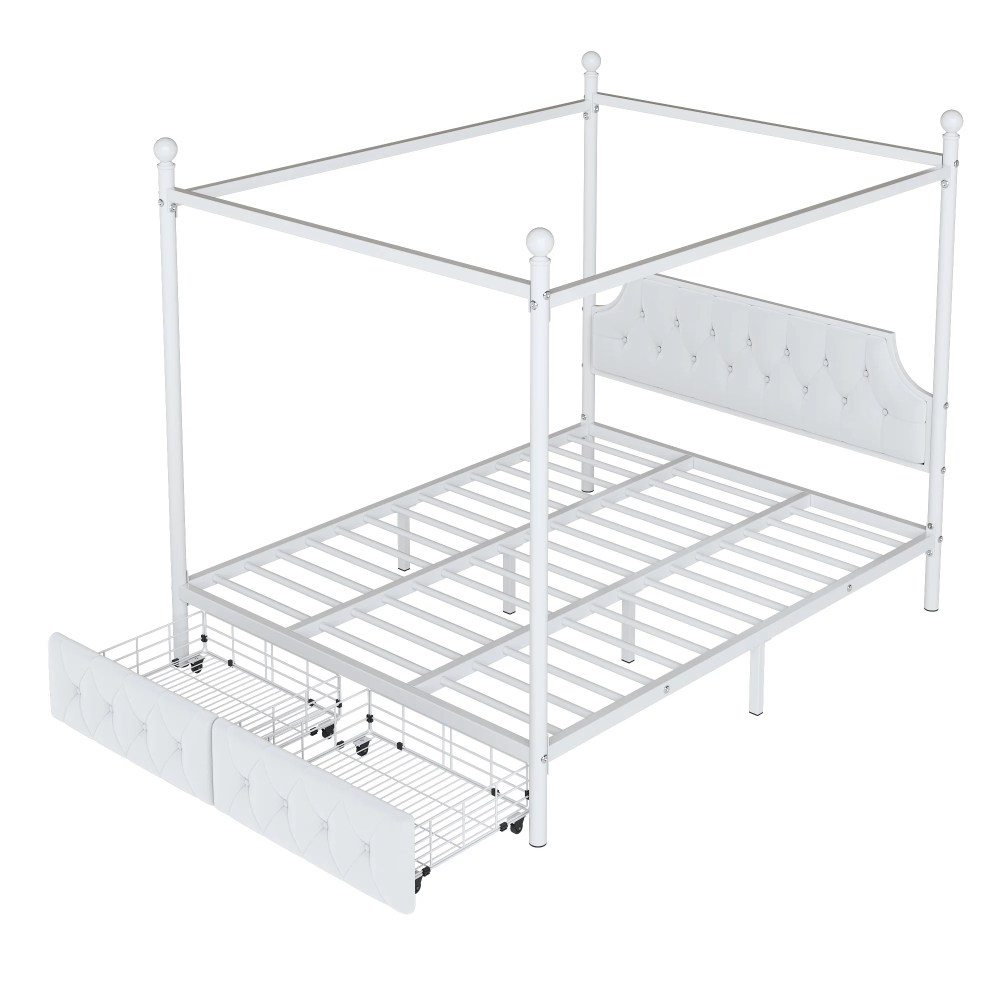 Euroco Wood Queen Size Canopy Platform Bed with Four Support Legs and 2 Drawers for Kids Teens Adults, White - Image 3