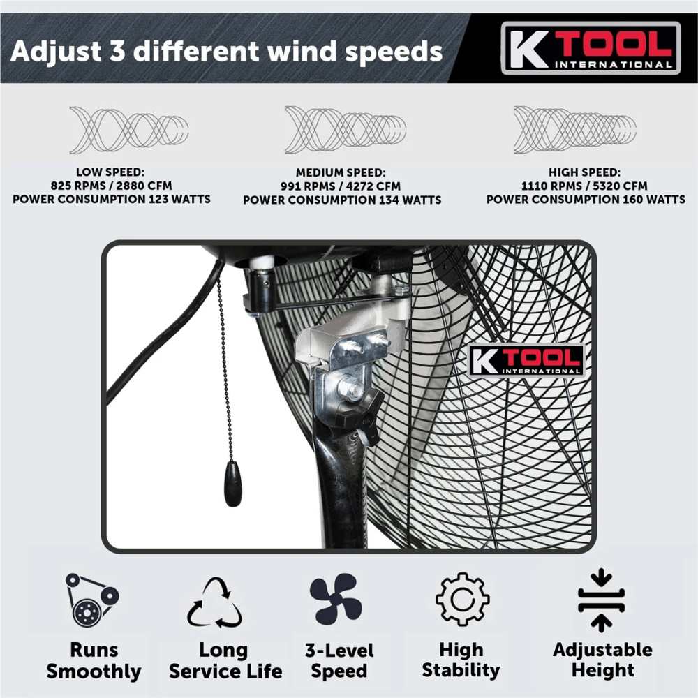 K Tool Int'l 77734 30" Industrial Oscillating Pedestal Fan, 1/2 HP, 3-Speed - Image 2