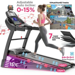 5HP Foldable Treadmill w/ 15 Auto Incline, 400LB Treadmill for Home Jogging Walking, Personalized App Control, 71 Programs, 10MPH Fast Speed for Varied Workout Intensity, Shock Absorption Dual De