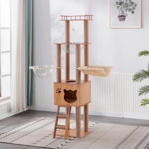 Mekidulu 61in Tall Wooden Cat Tree with 2 Transparent Capsule Pods,  6-Level Heavy Duty Wood Cat Tower for Large Cats,  Dark Wood