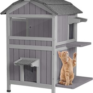 Aivituvin Outdoor Cat House Weatherproof,  Feral Cat Shelter for Winter 2 Story Cat Condos Escape Doors with Balcony