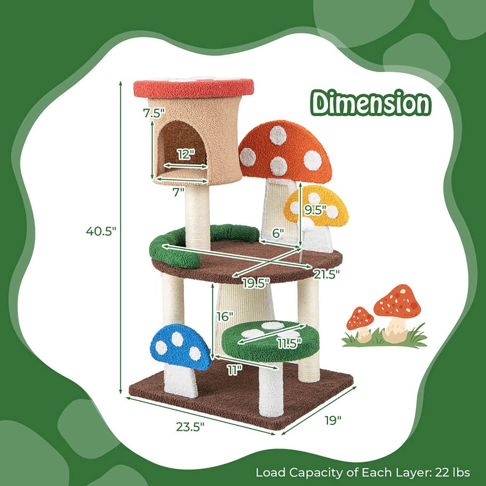 Gymax 41" Mushroom Cat Tree Tower Patended Indoor Kitten Activity Center w/ Natural Sisal Posts - Image 2
