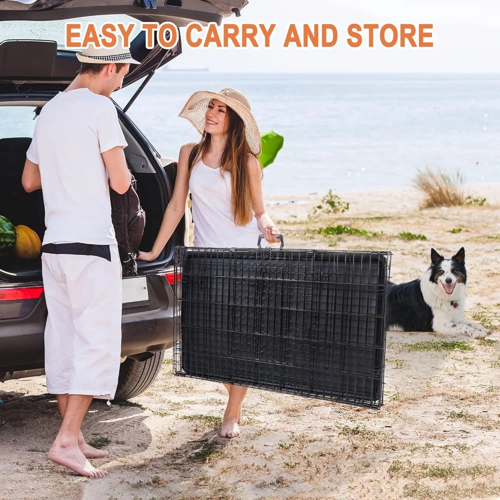 42 inch Dog Crate for Medium Large Dogs Folding Metal Dog Cage Kennel Double Door Pet Crate with Divider and Tray, Black - Image 5