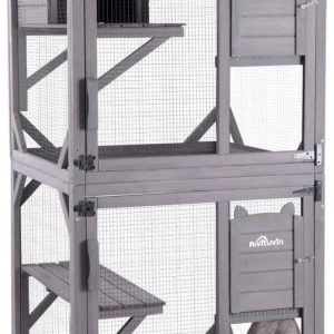 Aivituvin Catio Outdoor Cat House Wooden Cat Enclosure Resting Box with 3 Platforms, 71 inch Kitten Condo Pets Cage, Gray