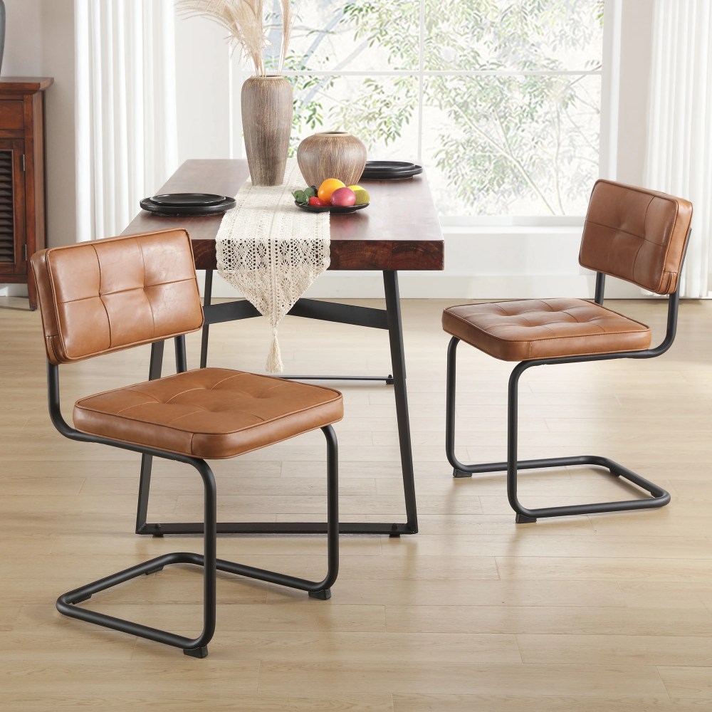 Zesthouse Mid-Century Modern Dining Chairs Set of 2,Upholstered Faux Leather Dining Room Chairs with Back and Black Legs,Armless Side Chairs for Kitchen & Dining Living Room,Brown