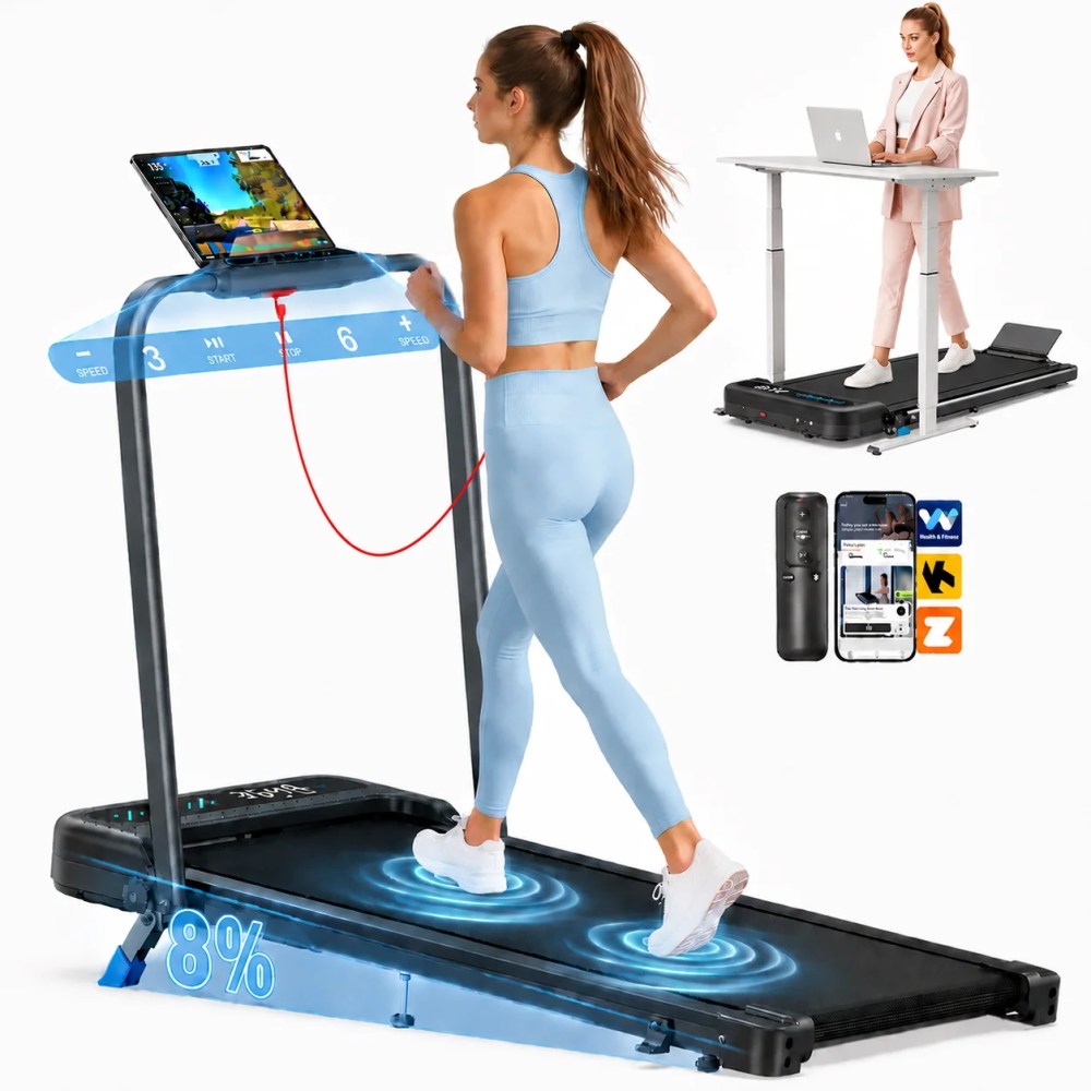 YZRUN Treadmill with Handle Bar, Under Desk Walking Pad with 8 Incline, Foldable Treadmills for Home, 350 LBS Capacity