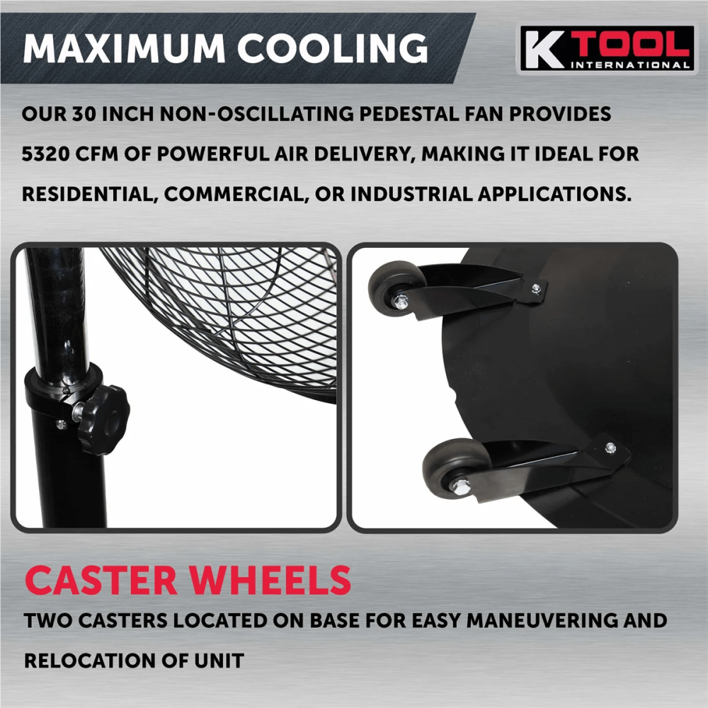 K Tool Int'l 77734 30" Industrial Oscillating Pedestal Fan, 1/2 HP, 3-Speed - Image 10