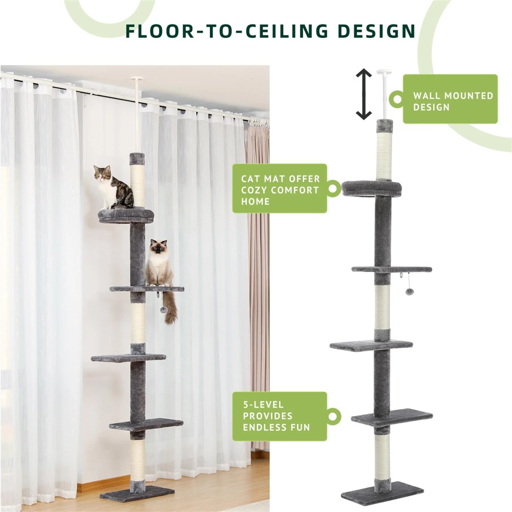 Pefilos Adjustable 90"-108" Tall Cat Tree for Indoor Cats, Multilevel Cat Tower with Sisal Scratching Posts, Floor-to-Ceiling Cat Condo for Adult Cats, Gray - Image 4