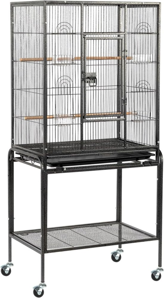 53-inch Bird Cage with Wheels, Durable Wrought Iron Parakeet Cage with Slide Out Tray, Black Bird Cages for Parakeets/Lovebird/Cockatiels/Budgies and Other Small/Medium Birds (Large-53 inch)