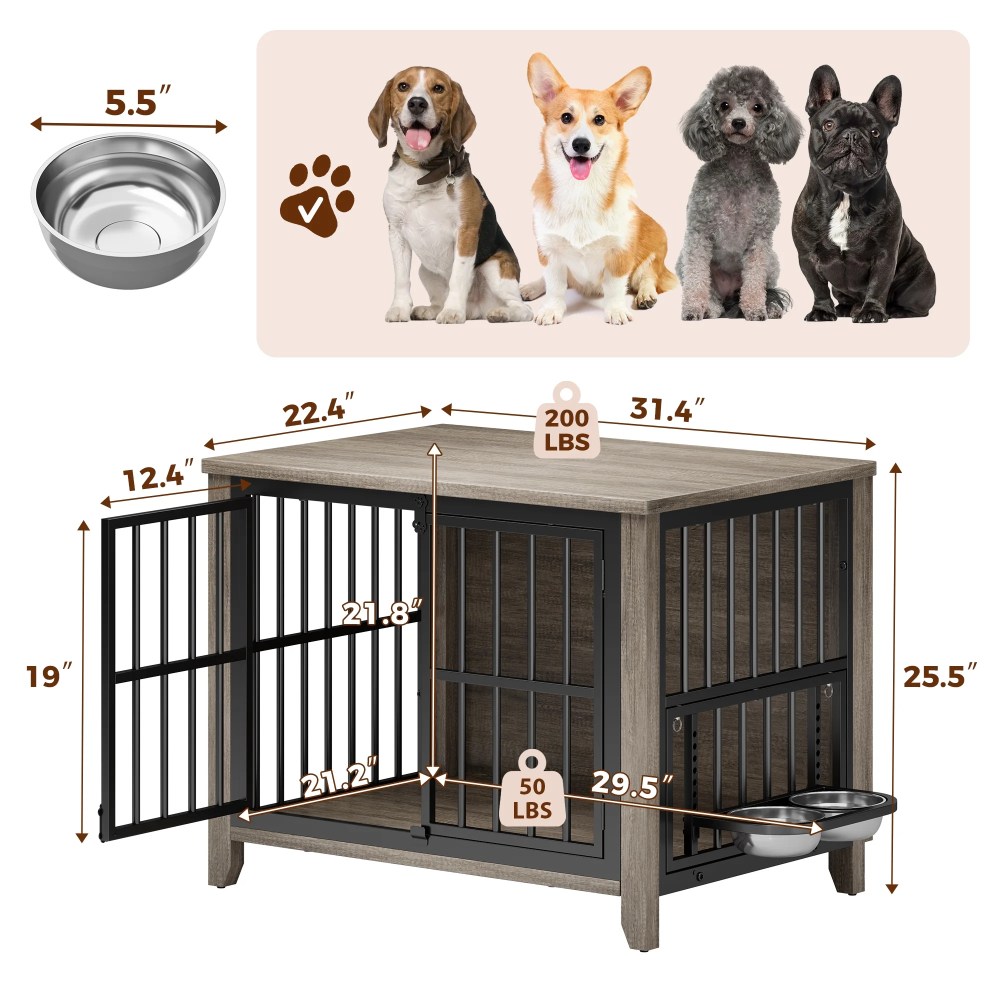 GIKPAL Dog Crate Furniture with 2 Adjustable Bowls, 32" Dog Cage Kennels for Inside with Lockable Doors, Heavy Duty Pet House End Table for Small Medium Dogs, Gray - Image 5