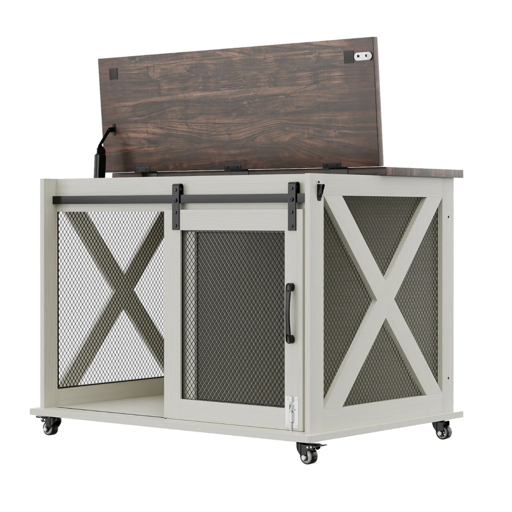 37" Stress-Free Dog Crate with Dual Access Sliding Barn Door & Flip Top Design Creates a Cozy Den for Your Pet - Image 35