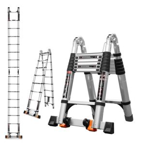16.5-FT-A frame Telescopic Ladder (with Balance Bar/Mobility Wheels) 330 lbs Load Capacity,Lightweight,Multipurpose Aluminum Ladder Suitable for Home and Outdoor Use