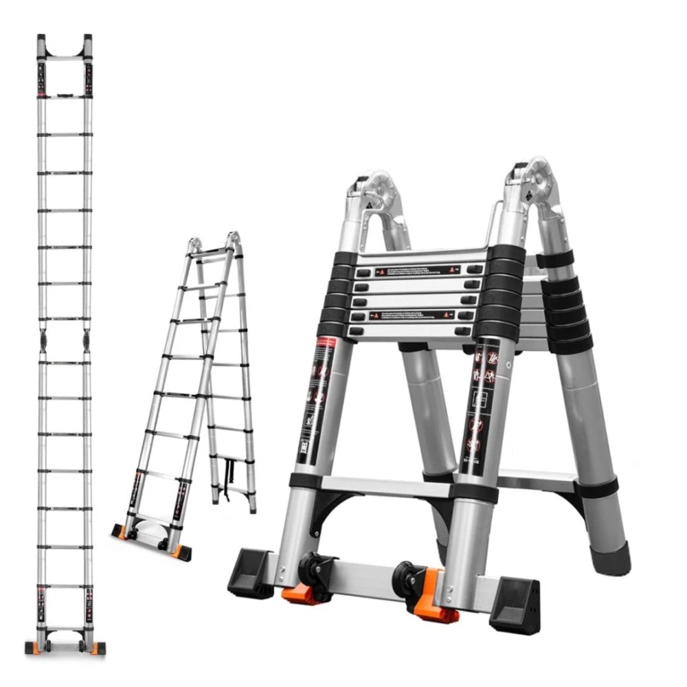 16.5-FT-A frame Telescopic Ladder (with Balance Bar/Mobility Wheels) 330 lbs Load Capacity,Lightweight,Multipurpose Aluminum Ladder Suitable for Home and Outdoor Use