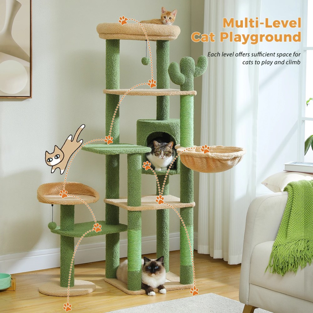 PAWZ Road 59" Cactus Cat Tree Tower with sisal Scratching Post & Large Perch for Indoor Cat Green - Image 6