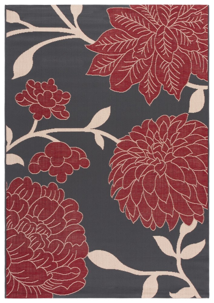 Safavieh Courtyard Tyson Floral Indoor/Outdoor Area Rug, Anthracite/Red, 6'7" x 9'6"