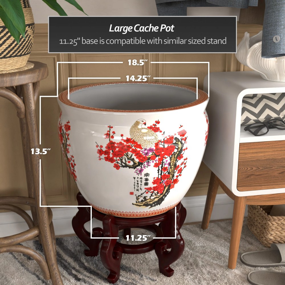 Red Lantern Large 18" Cherry Blossom Porcelain Fishbowl Planter - Image 4