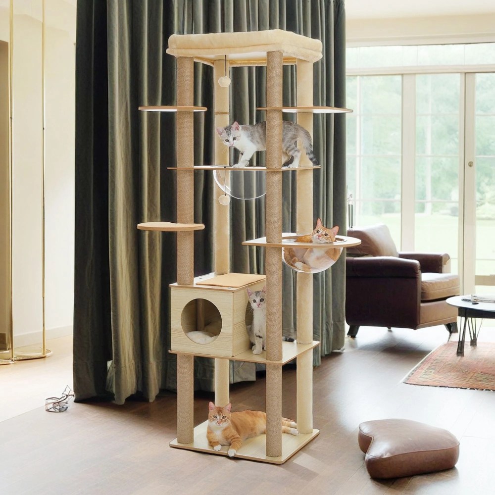 Pefilos 71" Wooden Cat Tree Tower for Multiple Cats, Modern Cat Tree House with Cat Condo for Indoor Cats, Beige - Image 8