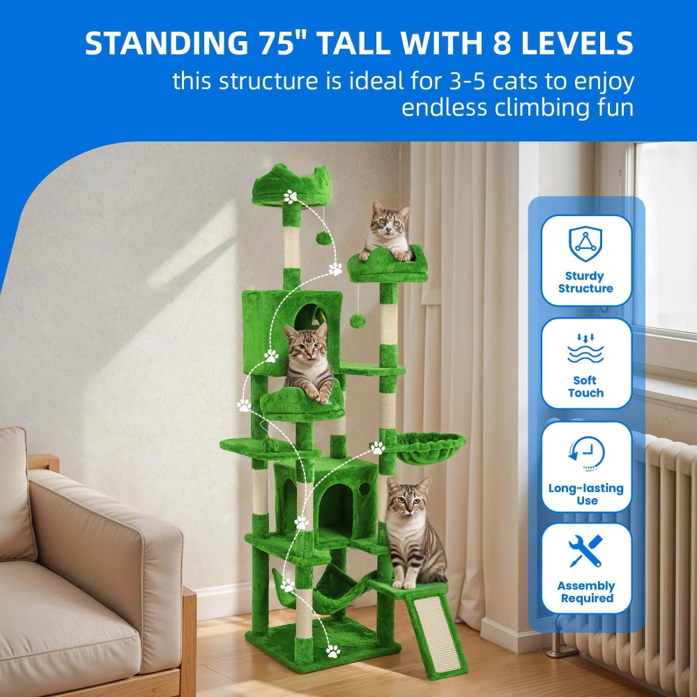 Uforic 75" Large Cat Tree Tower with Multi-Level Play Condo, Sisal Ramp, Scratching Posts & Cozy Basket Hammocks, Green - Image 5