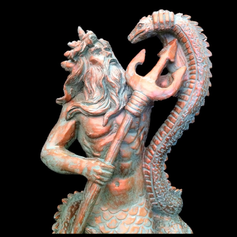 Homestyles 22 in. Bronze Patina Poseidon Ruler of Sea Sitting on Rock Nautical Beach Extra Large Mermaid Statue - Image 2