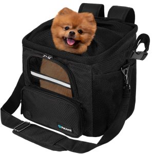 PetAmi Dog Bike Basket, Soft-sided Ventilated Dog Bike Carrier Backpack, Dog Pet Bicycle Basket for Bike Handlebar, Small Medium Puppy Cat Kitten Car Booster Seat with Safety Strap (Black)