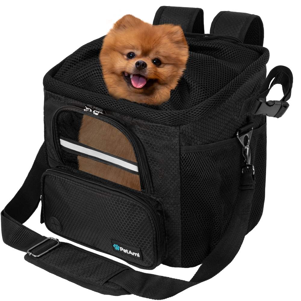 PetAmi Dog Bike Basket, Soft-sided Ventilated Dog Bike Carrier Backpack, Dog Pet Bicycle Basket for Bike Handlebar, Small Medium Puppy Cat Kitten Car Booster Seat with Safety Strap (Black)