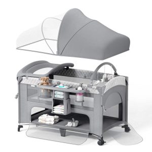 Babyomi 4 in 1 Baby Bassinet with Diaper Changer, Long Next to Bed Crib with Mattress,Height Adjustable,Pack and Play,Bedside Crib Sleeper, Gray