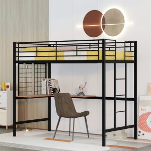 Aukfa Twin Loft Bed with L Shape Desk, Heavy Duty Metal Bed Frame for Kids Teens, Black