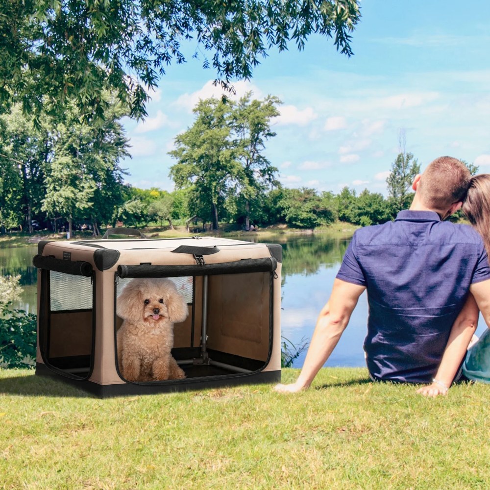 Petsfit Portable Dog Care Kennel, 26" L x 19" Wx 18" H Adjustable Fabric Cover by Spiral Iron Pipe, Portable&Easy Assembly Dog Crate 3 Door Design, Khaki - Image 3