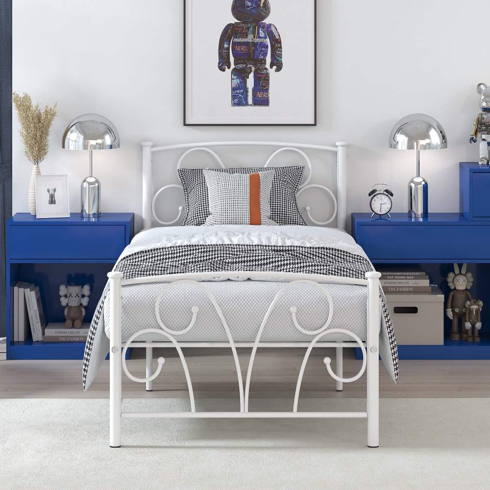 Yoneston 14" Twin Metal Platform Bed Frame with Creative Headboard, White