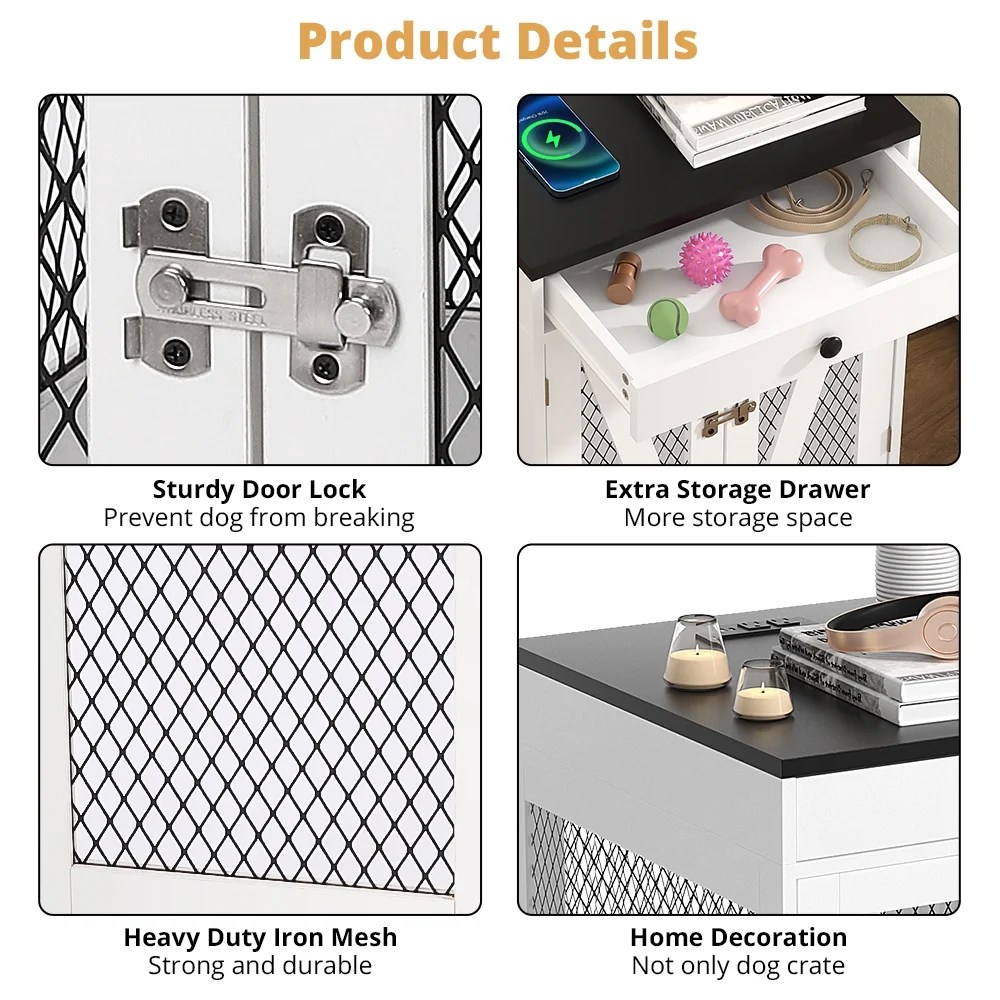 RichYa Furniture Style Dog Crate End Table, Wooden Dog Kennel with Dual USB Charging Station, for Small Dogs Under 25 lbs Indoor Use, White, S Size - Image 5