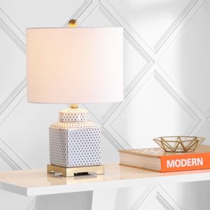 JONATHAN Y Cleo 21.5" Ceramic/Metal Ginger Jar LED Table Lamp, White/Navy, JYL3043A