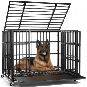RichYa 42 inch Heavy Duty Indestructible Dog Crate,  Escape-Proof Dog Crate Cage Kennel with 4 Lockable Wheels,  High Anxiety Dog Crate with Double Door and Removable Tray Design,  for Large Dogs