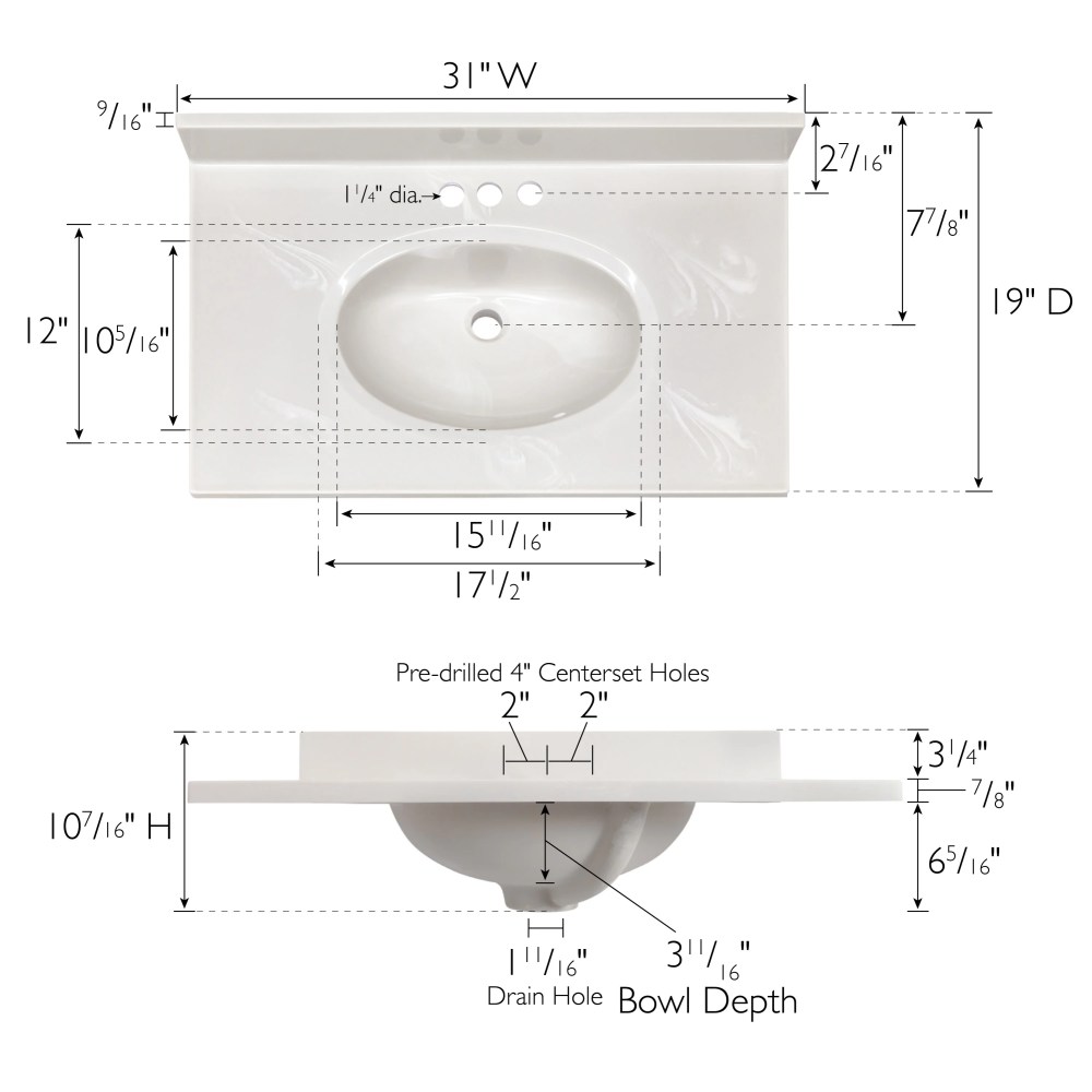 Design House Cultured Marble 31" x 19" Single Bowl Vanity Top with Centerset Mount and Backsplash, Ivory Swirl - Image 6