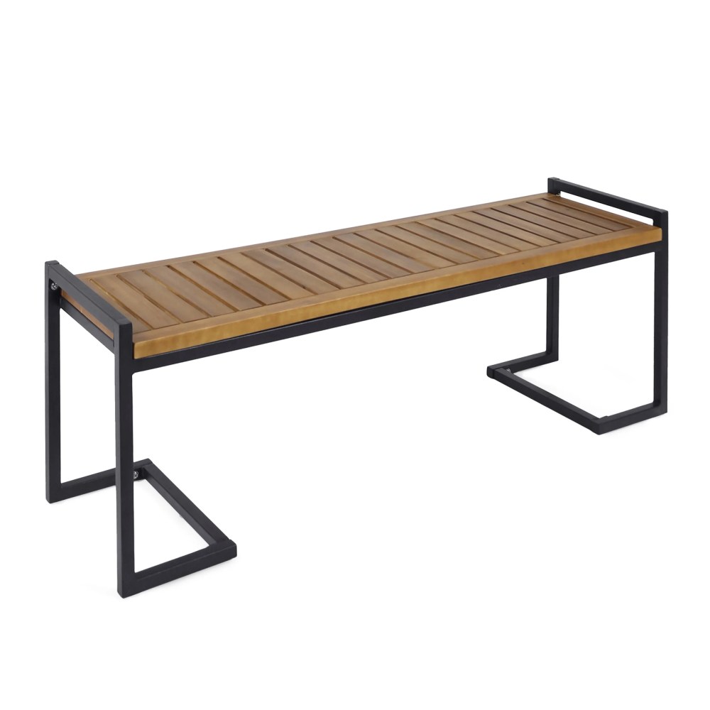 Noble House Brycen Acacia Wood and Iron Bench, Teak/Black Metal - Image 9