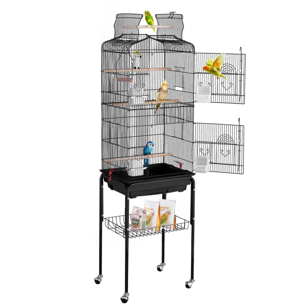 VEVOR 64" Open Top Large Bird Cage, Flight Parrot Cage with Detachable Rolling Stand, Removable Tray & Feed Doors, Birdcage with Swing for Parakeets Cockatiels Lovebirds Finches