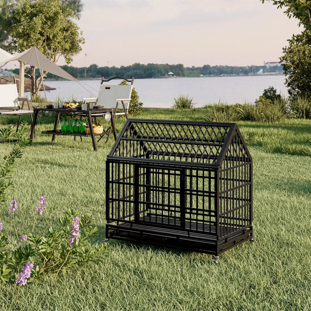 Aukfa 47 in Heavy Duty Indestructible Dog Crate with Lockable Wheels, Escape Proof Dog Cage Kennel w/ Removable Tray - Image 5
