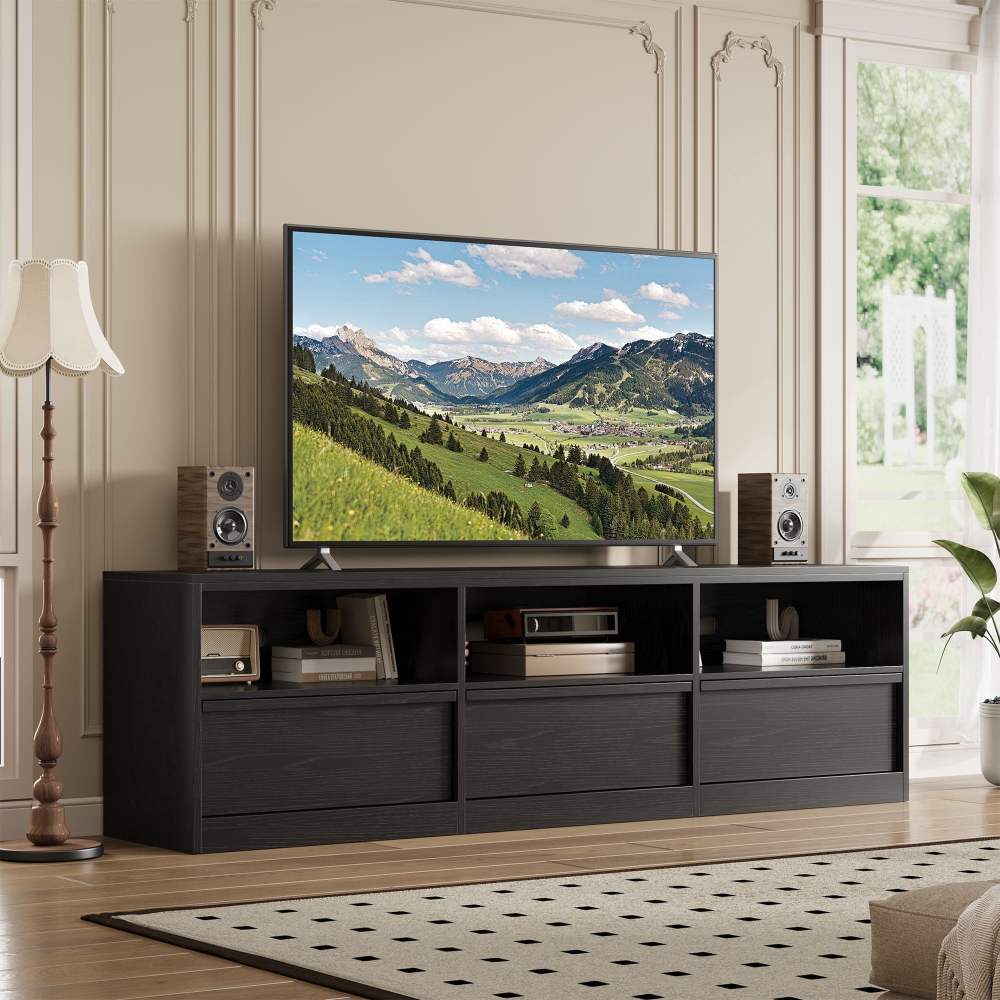70 inch TV Stand for 75" TVs,Mid Century Modern Entertainment Center with Storage Drawer & Open Shelves,Wood Media Console Cabinet for Living Room/Bedroom